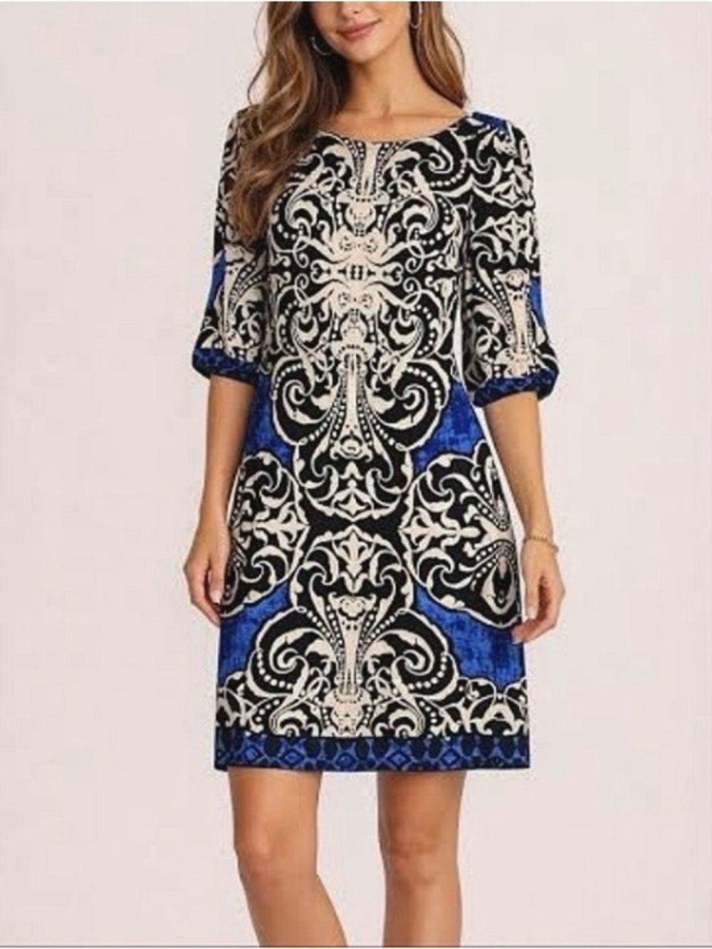 White House Black Market Blue, Black and Cream Printed Midi Dress